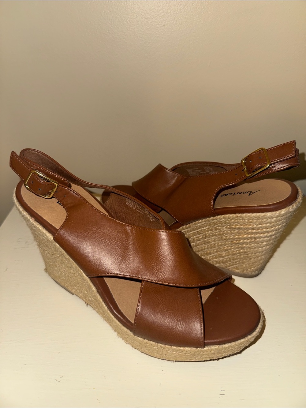 American Eagle Outfitters Tan Brown Leather Espadrille Wedge Sandals